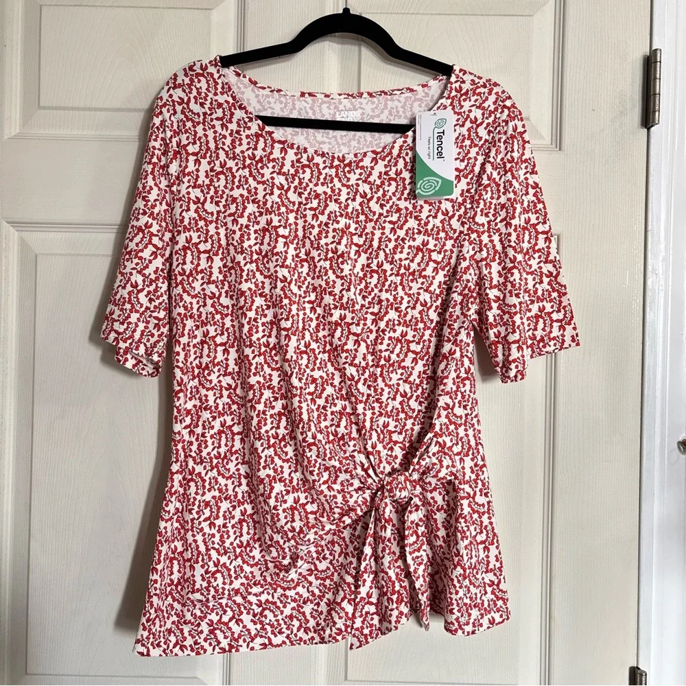 Lands End Tie Front Blouse Cotton Tencel Red White Patterned Short Sleeve Top - Picture 2 of 12